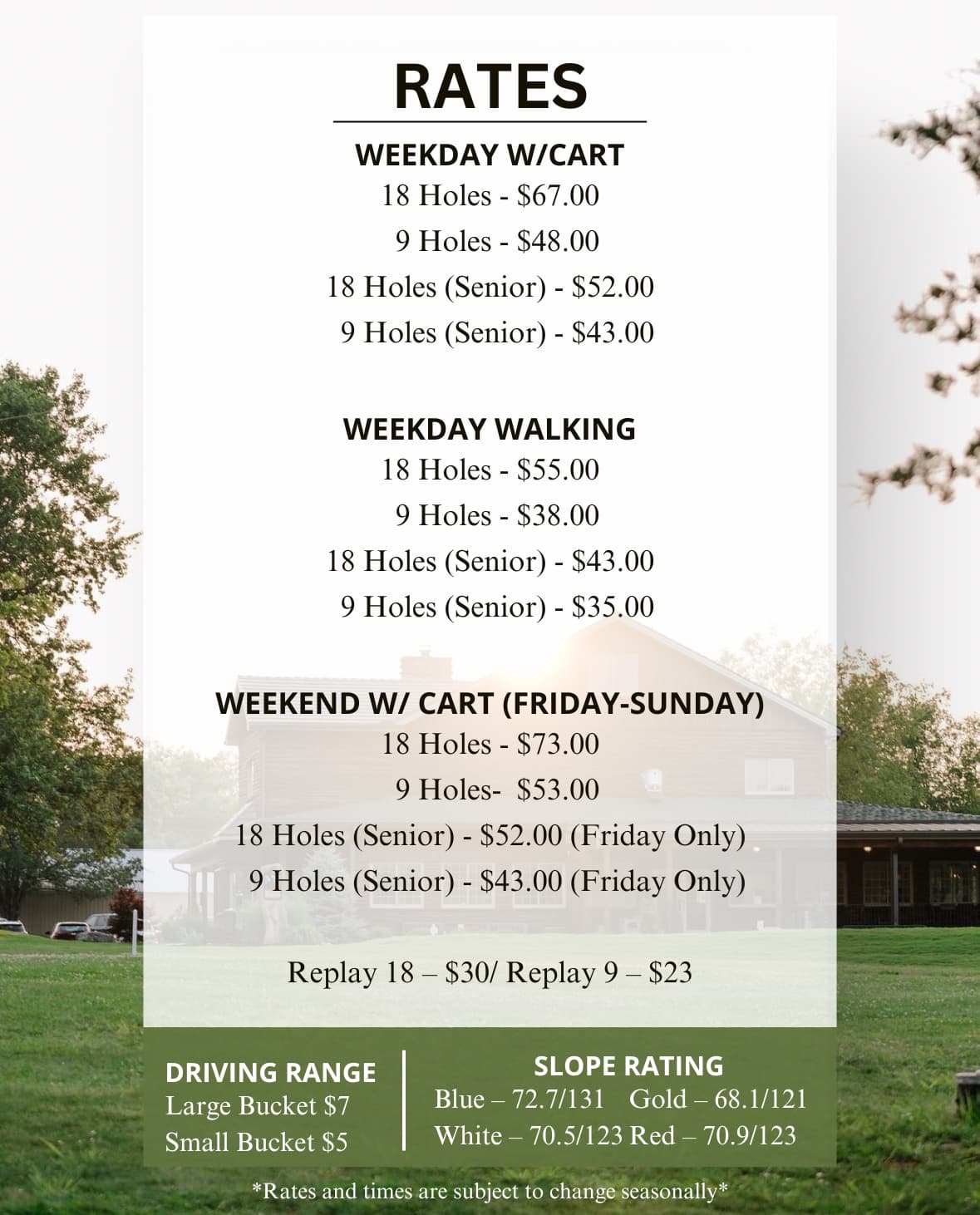 Cedar Crest Golf Club rates table